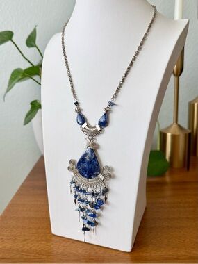 Handmade Peruvian Alpaca Silver Bohemian Lapis Dangle Pendant Necklace Sodalite